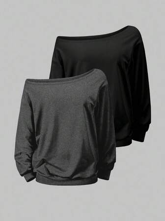 EMERY ROSE 2pcs Plus Size Women Asymmetrical Neck Solid Long Sleeve Loose Casual Sweatshirt Set, Autumn/Winter Graduation,Back To School,Graduation,Teacher For Women,Back To School Pullover Fall