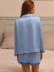 lacRébo Blue Satin Long Sleeve Button Front Pyjama Top And Shorts Set With Lace Trim Detail Cute Cosy Vintage Style Auutmn Winter - Baby Blue - View 2