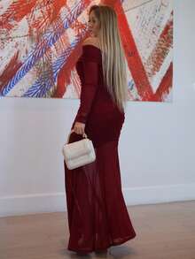 Cioccolato Robe longue élégante pour femmes à épaules dénudées, manches longues, plissée, avec ourlet en queue de poisson, de couleur unie - Rouge foncé - Voir 2