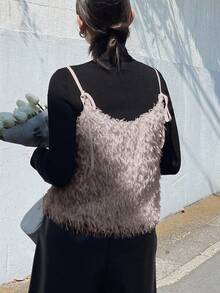 FRIFUL Women's Solid Beige Fuzzy Fabric Layered Slim Fit Camisole, Versatile For Airport Travel Casual Wear, Autumn - Grey - View 3
