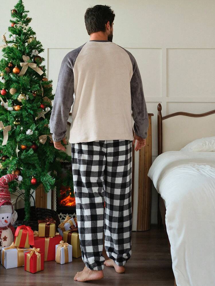 Men's Autumn/Winter Plush Fabric Puppy Pattern Patchwork Contrast Color Raglan Sleeve Top And Plaid Pants Fluffy Pajama Set Thermal Lined,New Year,Christmas, Cozy Clothes