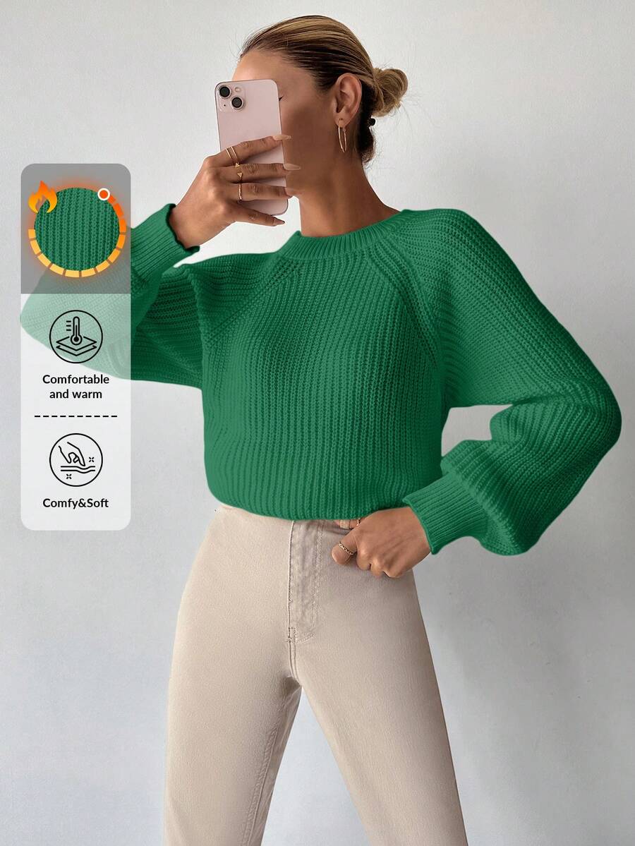 EURMUSE Women's Solid Color Crew Neck Long Sleeve Minimalist Sweater, Casual Everyday - Green - View 1