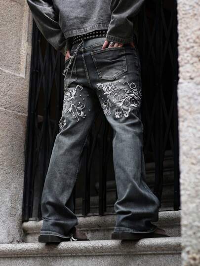 Street Life Jeans droits décontractés pour hommes avec broderie florale de mode de rue, sans ceinture à chaîne