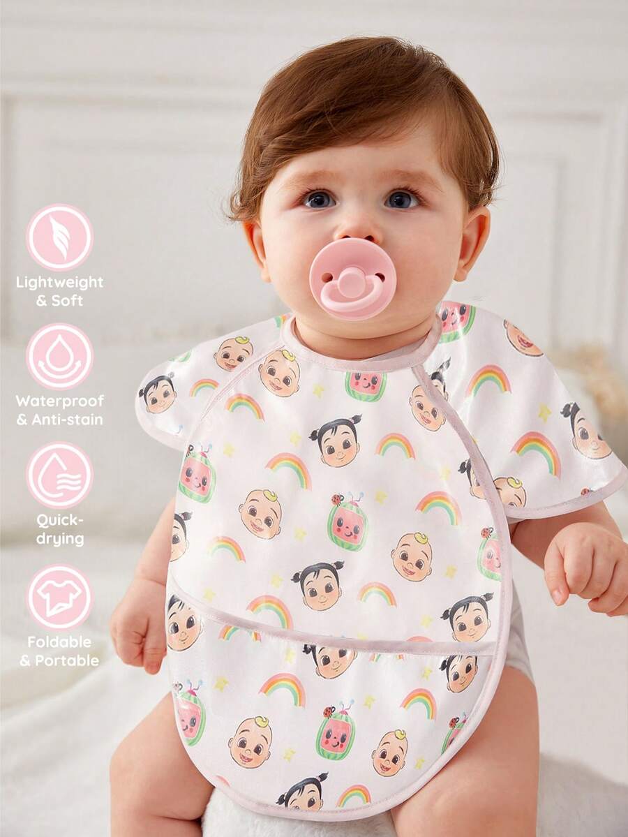 CoComelon X SHEIN 6 Months - 2 Years Old Baby Waterproof, Oil-Proof And Anti-Fouling Vest Waistcoat Protective Bib TPU Material Cute Cartoon Watermelon Rainbow Print Pink Girl, Suitable For Eating Complementary Food, Super Soft, Ultra-Light And Foldable - Multicolor - View 1
