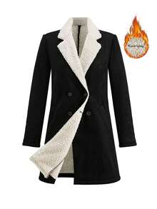 Editum 女士优雅高端翻领黑色大衣，秋季新款女士优雅多功能保暖内衬夹克，秋冬加厚外套，女士冬季外套，女士粗花呢外套，女士格子外套，女士冬季服装，女士外套，女士秋季服装，带绒里服装，女士冬季服装，绒里秋冬棉质长款保暖夹克 - 黑色 - 查看 4