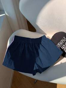 女式宽松海军蓝侧条纹松紧腰休闲短裤，夏季 - 藏蓝色 - 查看 2
