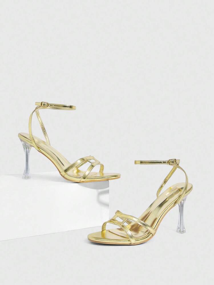 CUCCOO SZL Gold Metal PU Glass Heel Peep Toe Slingback Fashionable Sexy Elegant High Heel Sandals