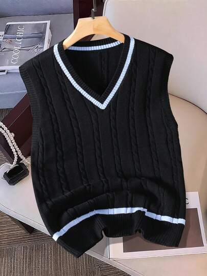 Claim Dot 男士休闲学院风撞色条纹 V 领宽松麻花针织毛衣背心，秋冬