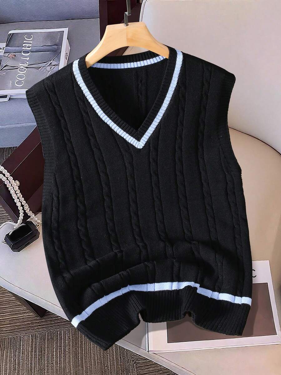 Claim Dot 男士休闲学院风撞色条纹 V 领宽松麻花针织毛衣背心，秋冬 - 黑色 - 查看 1
