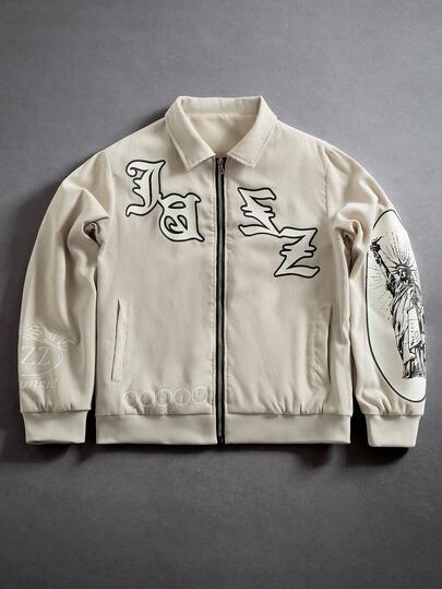 PAVTROS 男士秋季字母图案拉链休闲灯芯绒长袖夹克，Y2K字母和人物图案夹克