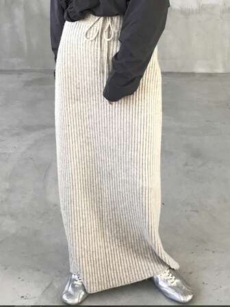 FRIFUL Women's Solid Color Drawstring Waist Long Straight Casual Knit Skirt, Autumn/Winter