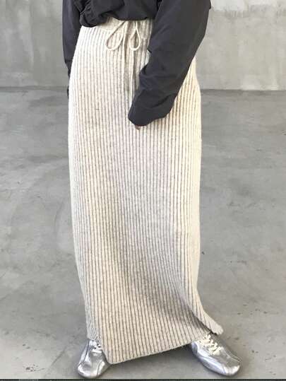 FRIFUL Women's Solid Color Drawstring Waist Long Straight Casual Knit Skirt, Autumn/Winter