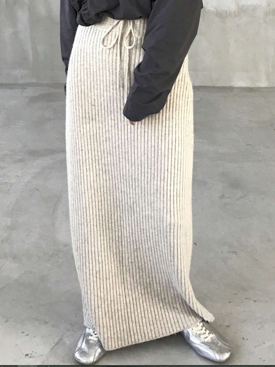 FRIFUL Váy dệt kim dài, thẳng, màu trơn, eo rút dây dành cho nữ, mùa thu/đông - Màu be - Xem 1