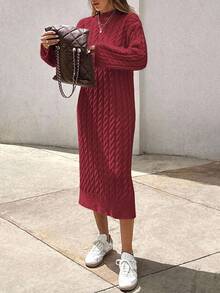 EURMUSE Women's Knitwear Long Dress With Cable Pattern - Burgundy - View 5