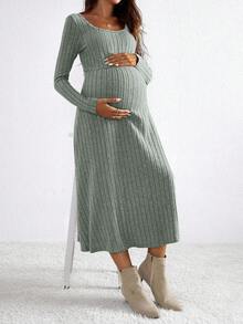SHEIN 孕妇纯色方领长袖罗纹休闲连衣裙，秋季 - 淺灰色 - 查看 4