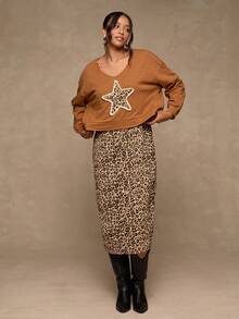 SHEIN VCAY Setelan 2 Potong Atasan Motif Leopard & Bintang dan Rok Motif Leopard Ukuran Besar, Kasual untuk Musim Gugur, Sepatu Bot Western, Rok Motif Leopard, Atasan Motif Bintang - Khaki - View 3