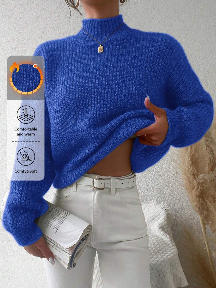 EURMUSE Mock Neck Drop Shoulder Sweater - Navy Blue - View 1