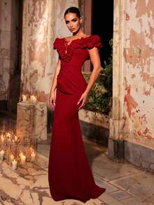 Glamrae 优雅奢华刺绣蕾丝拼布弹力针织透明网眼袖性感开衩鱼尾连衣裙，适合婚礼、派对、度假、庆典、正式活动（大量装饰） - 紅色 - 查看 5