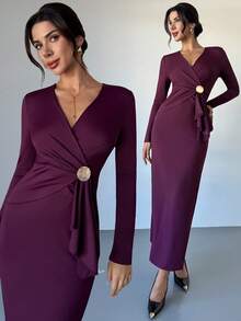 Firerie Women's Christmas  Solid Color Overlap V-Neck Batwing Sleeve Pleated Elegant Dress Elegant Dresses For Party Elegant Christmas Clothes For Women New Year Clothes - Red Violet - View 3