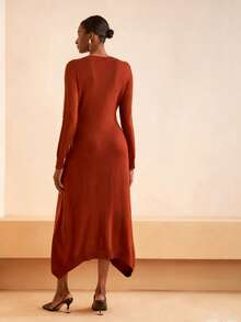 Zivah 2025 Autumn/Winter New Elegant Party, Daily, Date, Work Commute Refined Sexy Casual Round Neck Long Sleeve Loose Waist Tie A-Line Women Sweater Dress - Brown - View 2