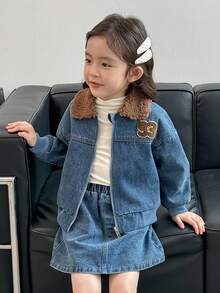 2件套女童字母刺绣抓绒牛仔外套和裙子套装，冬季服装 - 深色水洗藍 - 查看 6