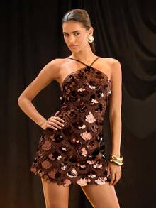 Glamine 女式亮片装饰时尚迷你连衣裙 - 棕色 - 查看 6