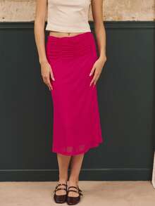 lacRébo Fuchsia Mesh Midi Skirt With Ruched Waist And Flared Hem Chic Party Outfits Going Out Outfits Date Night Skirt Autumn Winter Pink Skirt Christmas New Year Party Outfits