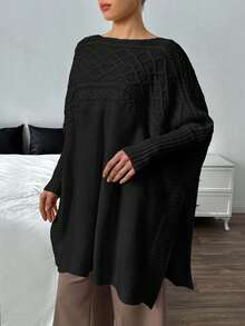 EURMUSE Women Drop Shoulder Cable Rib Knit Sweater Pullover - Black - View 4