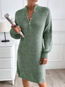 EURMUSE Women Plain Knit Design Knit Dress With Zipper Detail - Mint Green - View 6
