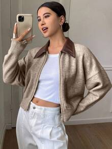 DAZY Contrast Color Collar Loose Long Sleeve Double Zipper Front Cardigan Sweater For Women, Spring Y2k - Khaki - View 4