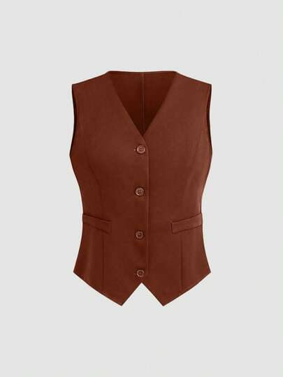 SHEIN Unity Solid Color V-Neck Fitted Front Button Elegant Commuter Vest Jacket