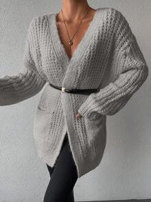 SHEIN Double Pocket Solid Color Cardigan - Beige - View 6