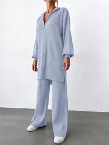 EURMUSE Women's Solid Color Zip-Up Half Placket Drop Shoulder Long Sleeve Long Sweater And Flared Pants Casual 2-Piece Set, Autumn/Winter - Baby Blue - View 3