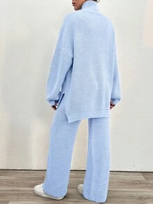EURMUSE 2 piezas Conjunto casual de suéter de manga dolman de medio cuello alto de unicolor y pantalones de punto para mujer, otoño-invierno - Celeste - Ver 5