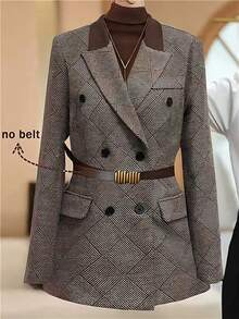 Franclia Women's Retro French Style Patchwork Blazer Collar Jacket, Suitable For Commuting, Autumn/Winter - Brown - View 1