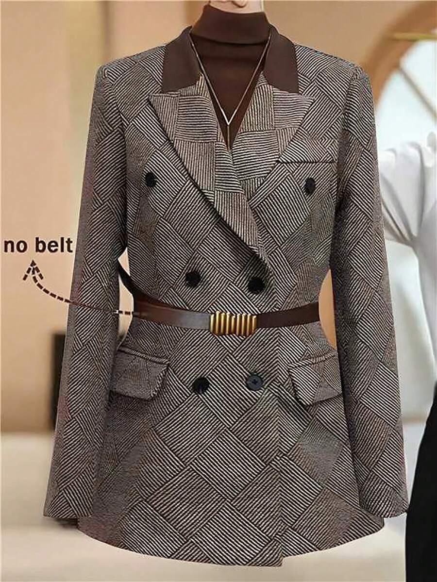 Franclia Women's Retro French Style Patchwork Blazer Collar Jacket, Suitable For Commuting, Autumn/Winter - Brown - View 1