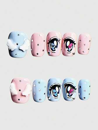 Anime 10pcs Blue & Pink Kawaii Cute Eye Decor Angel Wings Y2K Star Minimalist Mass Produced Handmade False Nails, Suitable For Anime, Campus, Dates, Shopping, Etc.