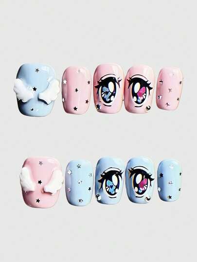 Anime 10 pièces Faux ongles bleus et roses kawaii, décoration d'ailes d'ange et d'étoiles minimalistes, production de masse, fait main. Convient pour l'anime, le campus, les rendez-vous, les courses, etc.