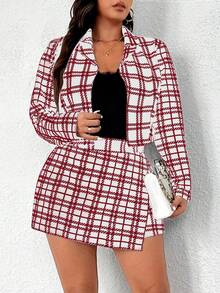 Easura Plus Size Houndstooth Print Lapel Collar Long Sleeve Blazer Paired With Elastic Waist Asymmetric Hem Skirt Pants 2 Pieces Casual Outfit