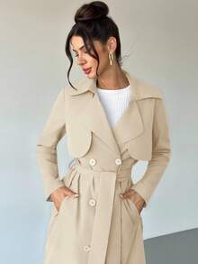 Firerie Women's Elegant Everyday Casual Commuting Office Fashion Navy Blue Long Sleeve Double-Breasted Pocket Cinched Waist Long Trench Coat, Autumn - Beige - View 5