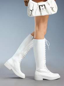 CUCCOO GRLICON Bốt cao đến đầu gối buộc dây mũi tròn dành cho nữ, phù hợp cho trang phục trở lại trường, Y2K, Halloween, Giáng sinh, dự tiệc - trắng - Xem 2