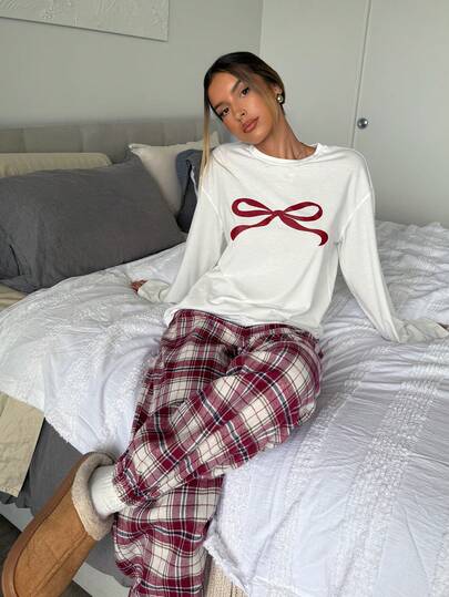 Aloruh Home Round Neck Long Sleeve Bow Print Rood Plaid Drawstring Pants Piece Pajama Set, view 4