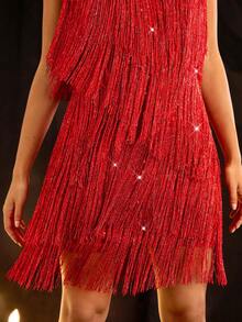 Glamine Sleeveless Dress With Beadwork And Fringe Detail For Holiday Party Clothes Sequin Women Outfit - Red - View 5