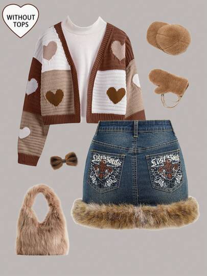 SHEIN Girlism Teen Girls Y2K Fairycore Leopard Print Embroidery And Rhinestone Patchwork Fluffy Denim Mini Skirt With Fleece Hem,Autumn/Winter Keep Warm Clothes Outfits,Casual Low Rised Jeans Skirt Versatile Denim Mini Skirt Y2k,Teacher Outfits For Girl,Back To School Outfits Girls,Church Dress,Business Casual Outfits Girl,Cargo Denim Jeans Dress,Girls Fall Winter Baggy Pants,High-Waisted Long Wide Leg Denim Jeans For Teens,Streetwear Style, Winter Jeans, Cute Clothing, Teen Girl Brown Set, Fall Clothes, Cute