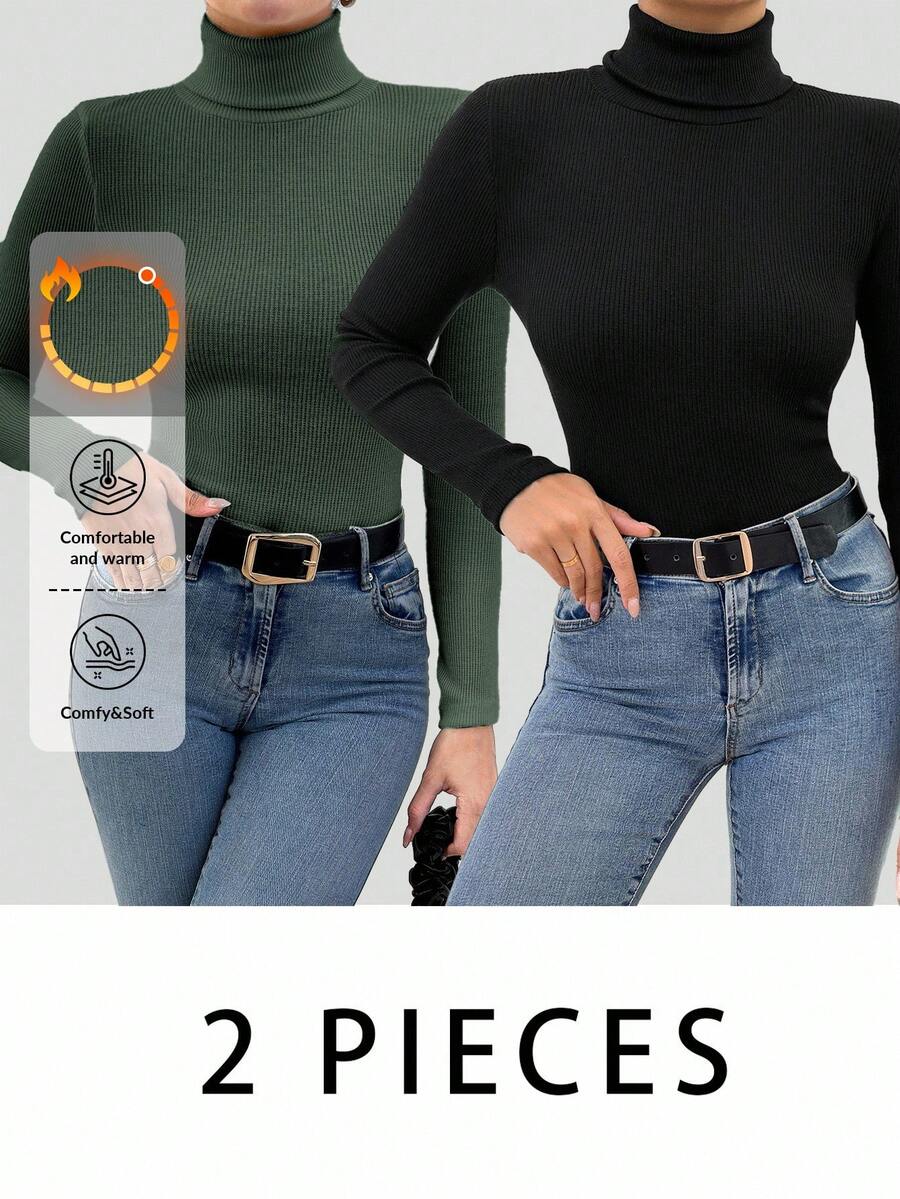 Women Solid High Neck Long Sleeve Simple Casual Top, For Everyday Wear