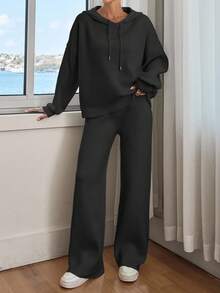 EURMUSE Women Solid Color Drop Shoulder Hooded Pullover & Sweater Pants Set - Black - View 3
