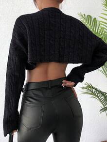 RueChic 女士纯色落肩长袖缩水休闲毛衣，秋冬款 - 黑色 - 查看 2