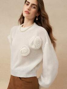 INAWLY Suéter de punto de mujer con cuello redondo, hombros caídos, manga larga y decoración floral, de unicolor - Blanco - Ver 3