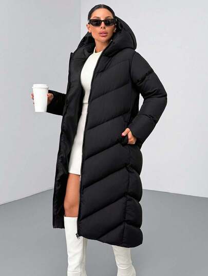 EURMUSE Women's Solid Color Long Sleeve Zipper Front Pocket Casual Long Hooded Winter Jacket