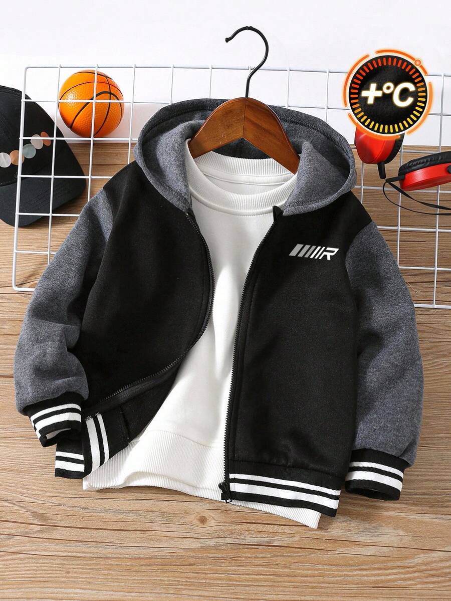 SHEIN 秋冬款小男孩休闲拼色连帽夹克 - 黑色 - 查看 1